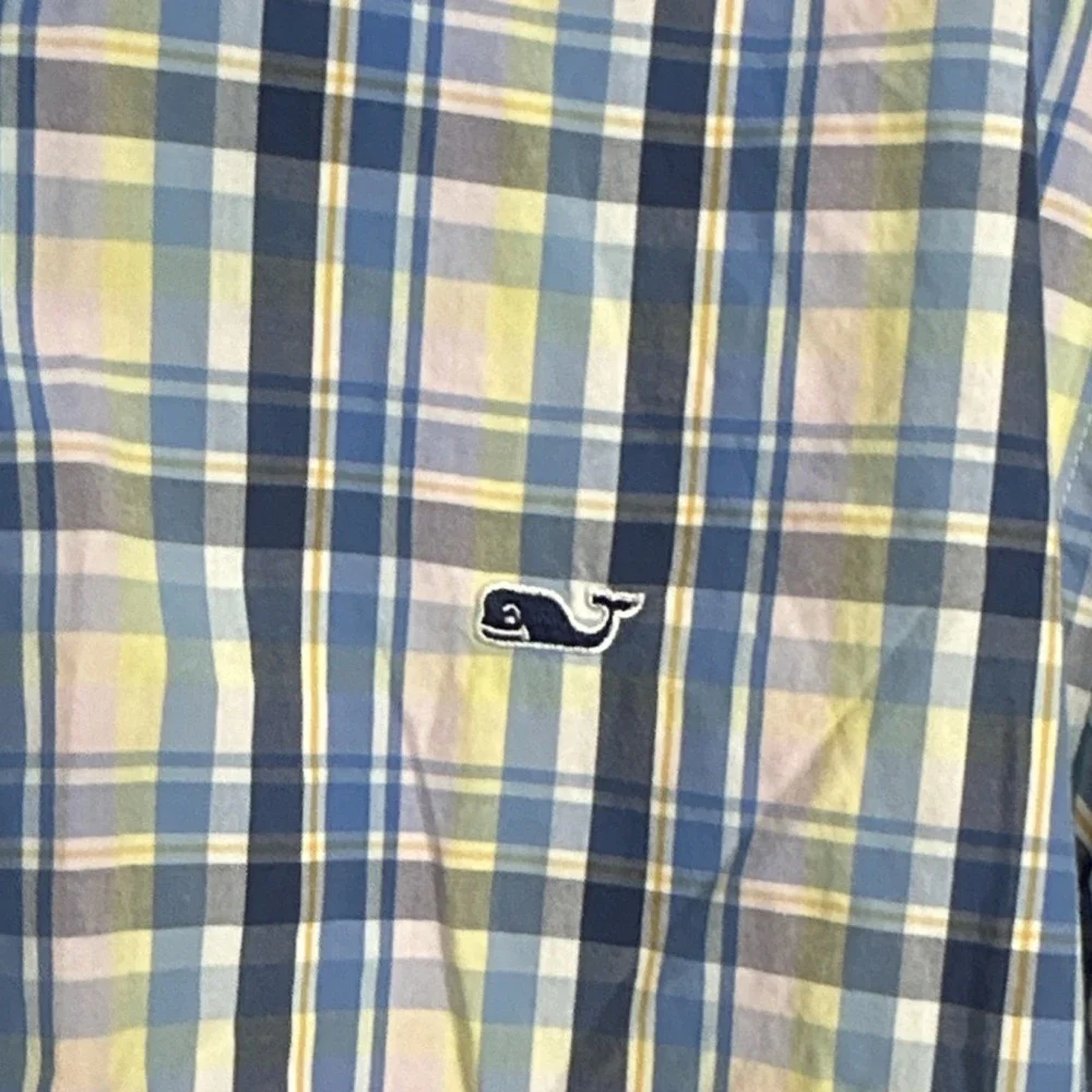 Vineyard Vines Plaid‎ Button-Down Shirt Men's L Blue Yellow Cotton Slim Fit